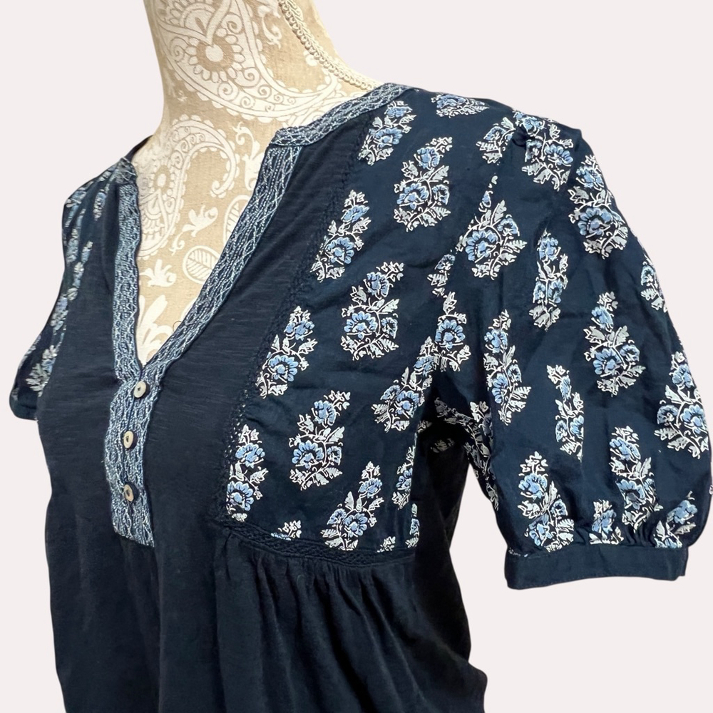 Lucky Brand Boho Peasant Top Navy Blue Floral Short Sleeve V Neck Women S/P - Picture 8 of 13